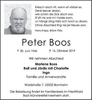 Anzeige von Peter Boos von  Schlossbote/Werbekurier 