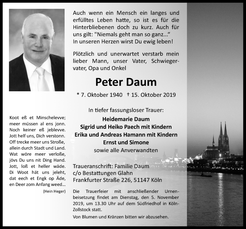  Traueranzeige für Peter Daum vom 30.10.2019 aus  Kölner Wochenspiegel 
