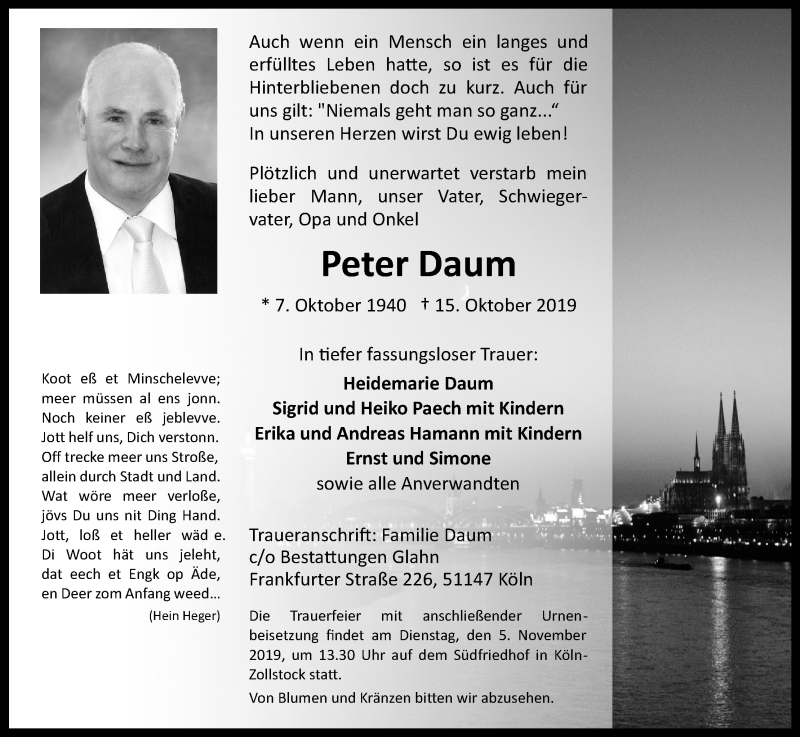  Traueranzeige für Peter Daum vom 26.10.2019 aus Kölner Stadt-Anzeiger / Kölnische Rundschau / Express