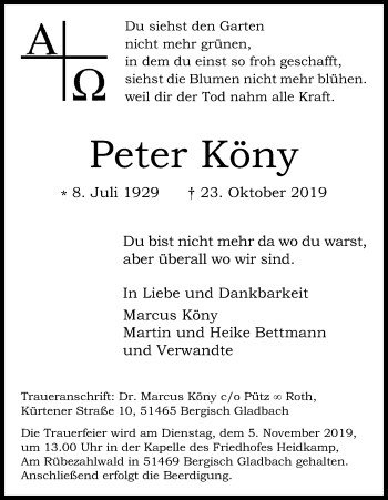 Anzeige von Peter Köny von Kölner Stadt-Anzeiger / Kölnische Rundschau / Express