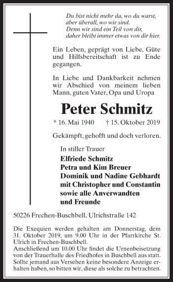 Anzeige von Peter Schmitz von  Wochenende 