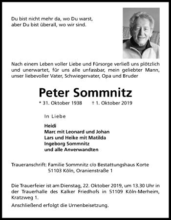 Anzeige von Peter Sommnitz von Kölner Stadt-Anzeiger / Kölnische Rundschau / Express