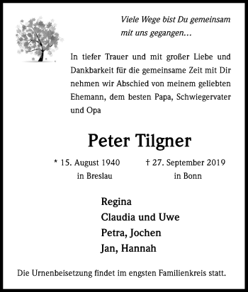 Anzeige von Peter Tilgner von Kölner Stadt-Anzeiger / Kölnische Rundschau / Express