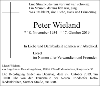 Anzeige von Peter Wieland von Kölner Stadt-Anzeiger / Kölnische Rundschau / Express