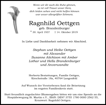 Anzeige von Ragnhild Oettgen von Kölner Stadt-Anzeiger / Kölnische Rundschau / Express
