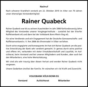 Anzeige von Rainer Quabeck von Kölner Stadt-Anzeiger / Kölnische Rundschau / Express