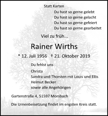 Anzeige von Rainer Wirths von Kölner Stadt-Anzeiger / Kölnische Rundschau / Express