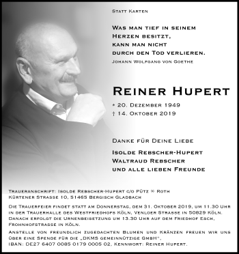 Anzeige von Reiner Hupert von Kölner Stadt-Anzeiger / Kölnische Rundschau / Express