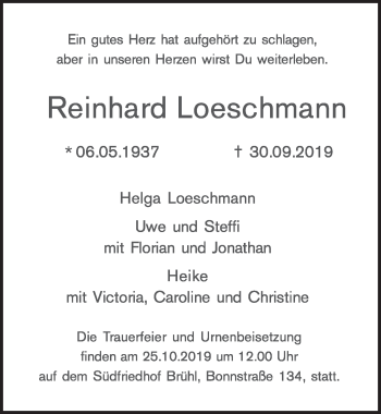 Anzeige von Reinhard Loeschmann von  Schlossbote/Werbekurier 