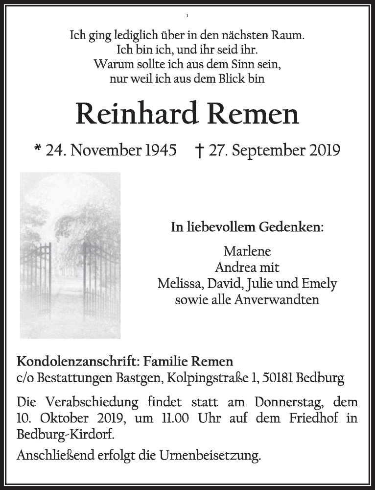  Traueranzeige für Reinhard Remen vom 05.10.2019 aus  Sonntags-Post 