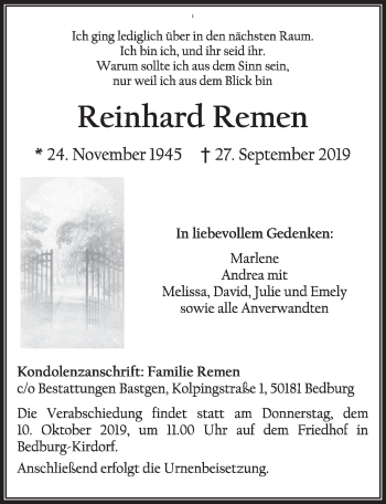 Anzeige von Reinhard Remen von  Sonntags-Post 