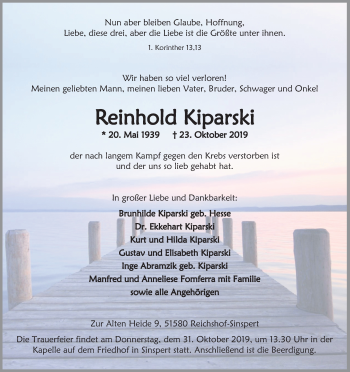 Anzeige von Reinhold Kiparski von Kölner Stadt-Anzeiger / Kölnische Rundschau / Express