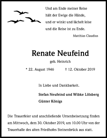 Anzeige von Renate Neufeind von Kölner Stadt-Anzeiger / Kölnische Rundschau / Express