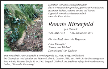 Anzeige von Renate Ritzerfeld von Kölner Stadt-Anzeiger / Kölnische Rundschau / Express