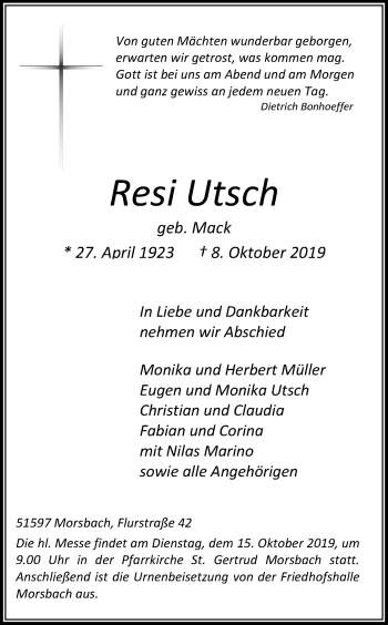 Anzeige von Resi Utsch von Kölner Stadt-Anzeiger / Kölnische Rundschau / Express