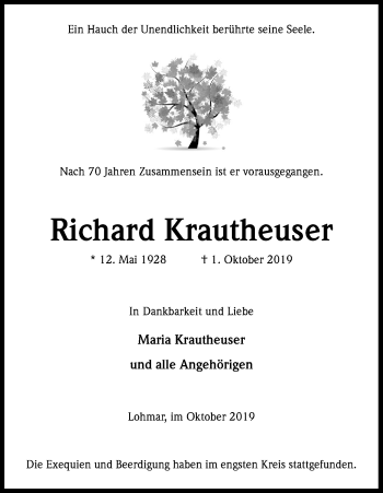 Anzeige von Richard Krautheuser von Kölner Stadt-Anzeiger / Kölnische Rundschau / Express
