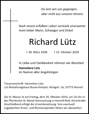 Anzeige von Richard Lütz von Kölner Stadt-Anzeiger / Kölnische Rundschau / Express
