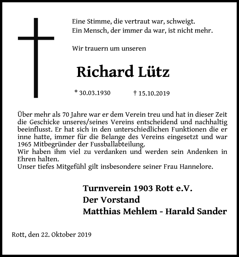  Traueranzeige für Richard Lütz vom 23.10.2019 aus Kölner Stadt-Anzeiger / Kölnische Rundschau / Express