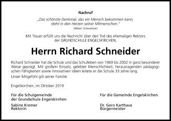 Anzeige von Richard Schneider von Kölner Stadt-Anzeiger / Kölnische Rundschau / Express