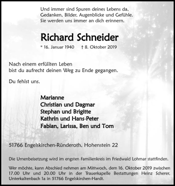Anzeige von Richard Schneider von Kölner Stadt-Anzeiger / Kölnische Rundschau / Express
