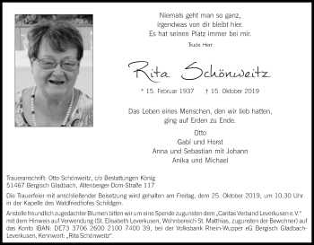 Anzeige von Rita Schönweitz von Kölner Stadt-Anzeiger / Kölnische Rundschau / Express
