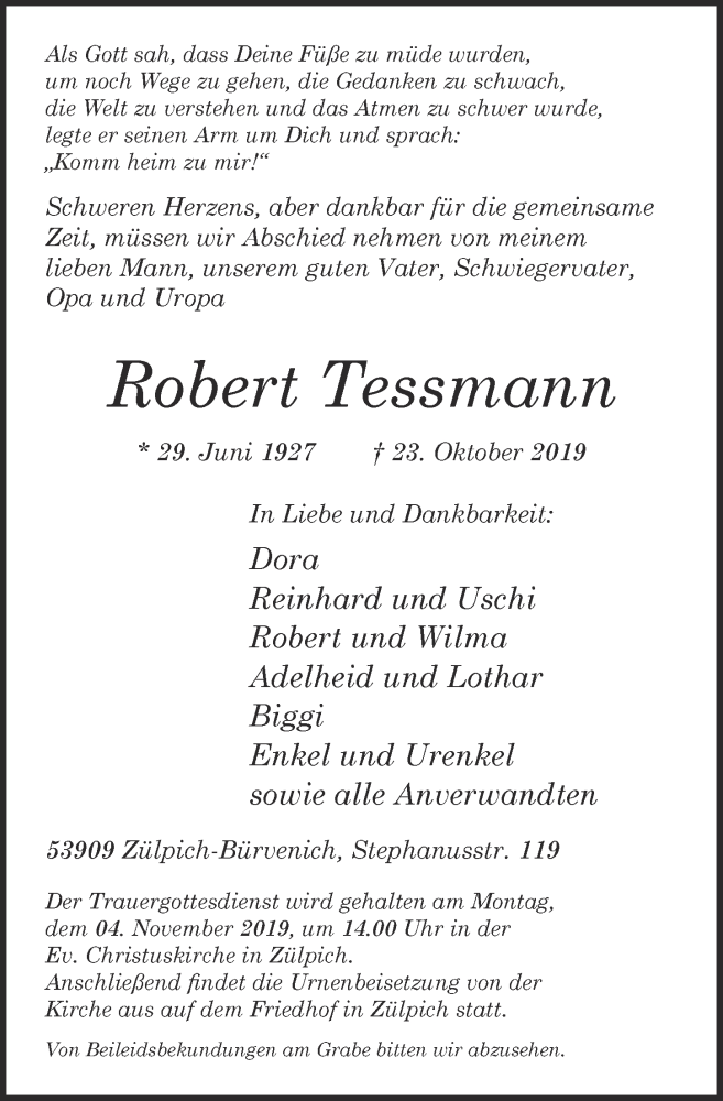  Traueranzeige für Robert Tessmann vom 26.10.2019 aus  Blickpunkt Euskirchen 