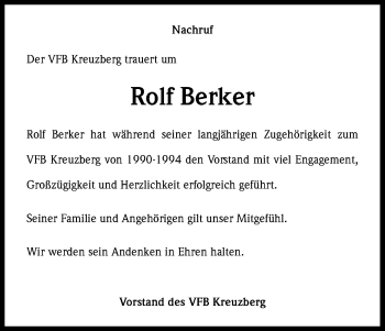 Anzeige von Rolf Berker von Kölner Stadt-Anzeiger / Kölnische Rundschau / Express