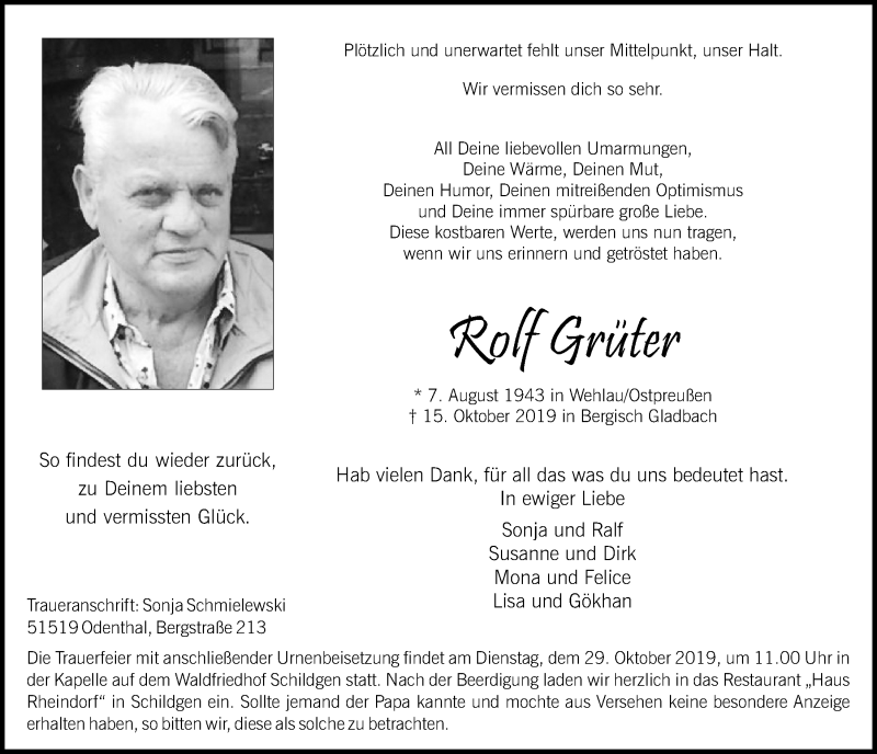  Traueranzeige für Rolf Grüter vom 23.10.2019 aus  Bergisches Handelsblatt 