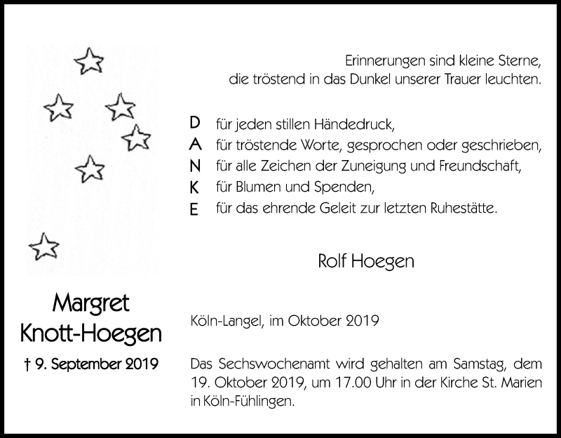  Traueranzeige für Margret Knott-Hoegen vom 09.10.2019 aus Kölner Stadt-Anzeiger / Kölnische Rundschau / Express