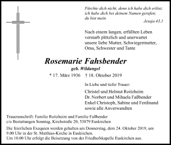 Anzeige von Rosemarie Fahsbender von Kölner Stadt-Anzeiger / Kölnische Rundschau / Express