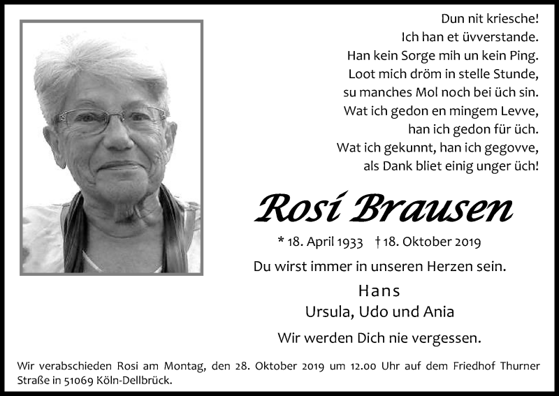  Traueranzeige für Rosi Brausen vom 26.10.2019 aus Kölner Stadt-Anzeiger / Kölnische Rundschau / Express