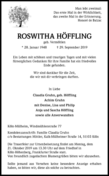 Anzeige von Roswitha Höffling von Kölner Stadt-Anzeiger / Kölnische Rundschau / Express