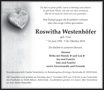 Anzeige von Roswitha Westenhöfer von  Wochenende 