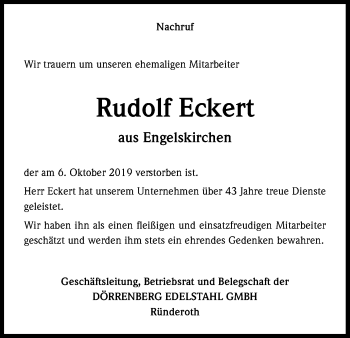 Anzeige von Rudolf Eckert von Kölner Stadt-Anzeiger / Kölnische Rundschau / Express
