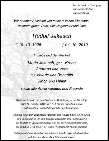 Anzeige von Rudolf Jakesch von Kölner Stadt-Anzeiger / Kölnische Rundschau / Express