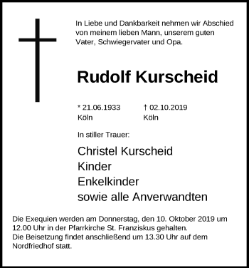 Anzeige von Rudolf Kurscheid von Kölner Stadt-Anzeiger / Kölnische Rundschau / Express