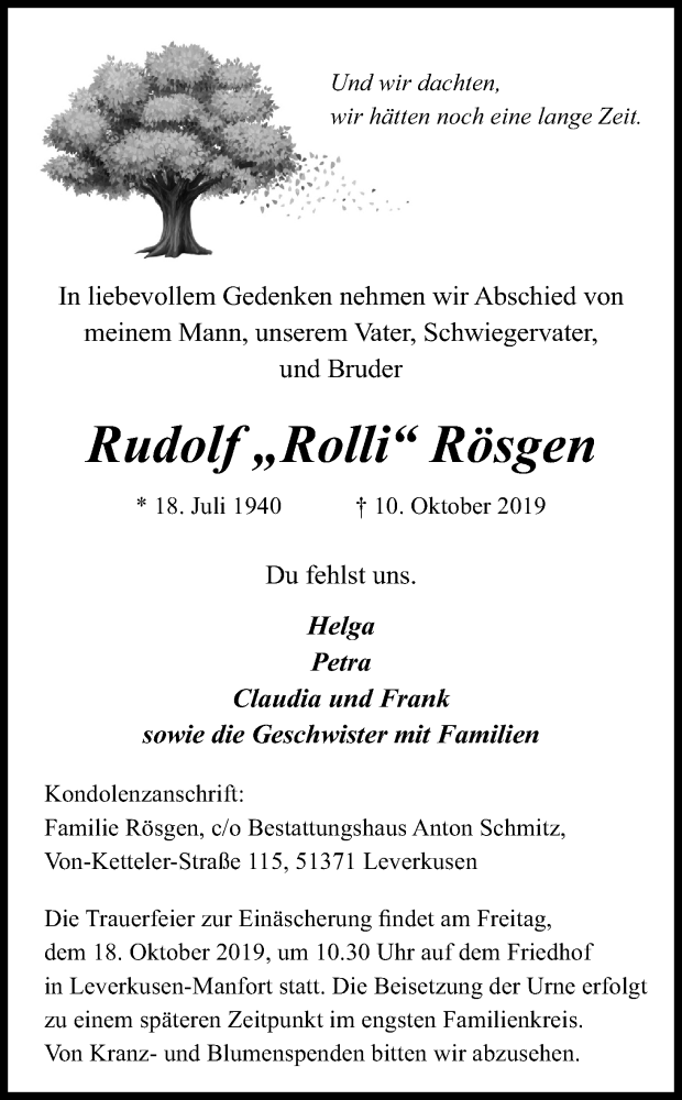  Traueranzeige für Rudolf Rösgen vom 16.10.2019 aus Kölner Stadt-Anzeiger / Kölnische Rundschau / Express