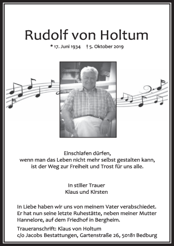 Anzeige von Rudolf von Holtum von  Sonntags-Post 