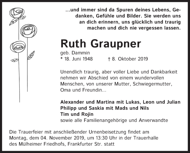  Traueranzeige für Ruth Graupner vom 19.10.2019 aus Kölner Stadt-Anzeiger / Kölnische Rundschau / Express