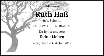 Anzeige von Ruth Haß von Kölner Stadt-Anzeiger / Kölnische Rundschau / Express