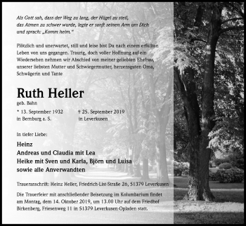 Anzeige von Ruth Heller von Kölner Stadt-Anzeiger / Kölnische Rundschau / Express