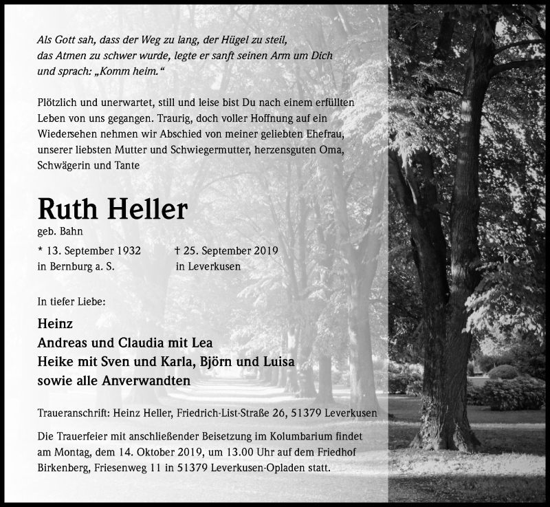  Traueranzeige für Ruth Heller vom 09.10.2019 aus Kölner Stadt-Anzeiger / Kölnische Rundschau / Express