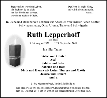 Anzeige von Ruth Lepperhoff von Kölner Stadt-Anzeiger / Kölnische Rundschau / Express