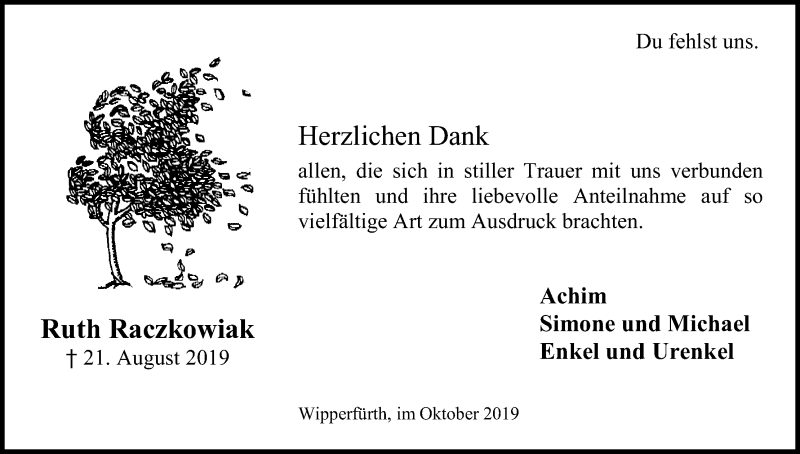  Traueranzeige für Ruth Raczkowiak vom 12.10.2019 aus Kölner Stadt-Anzeiger / Kölnische Rundschau / Express