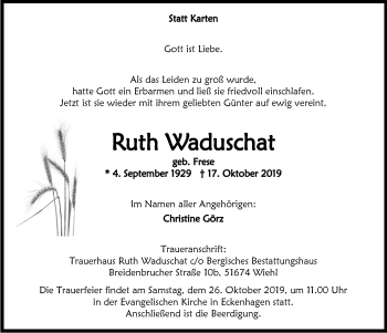 Anzeige von Ruth Waduschat von  Anzeigen Echo 