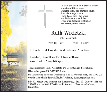 Anzeige von Ruth Wodetzki von  Sonntags-Post 