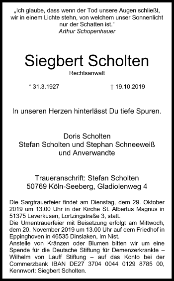 Anzeige von Siegbert Scholten von Kölner Stadt-Anzeiger / Kölnische Rundschau / Express