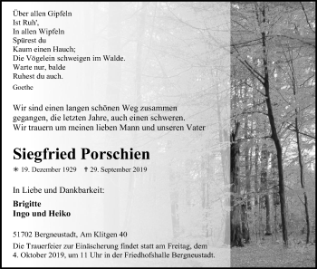 Anzeige von Siegfried Porschien von Kölner Stadt-Anzeiger / Kölnische Rundschau / Express