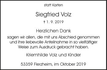 Anzeige von Siegfried Volz von  Schaufenster/Blickpunkt 