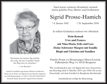 Anzeige von Sigrid Prosse-Hamich von  Werbepost 